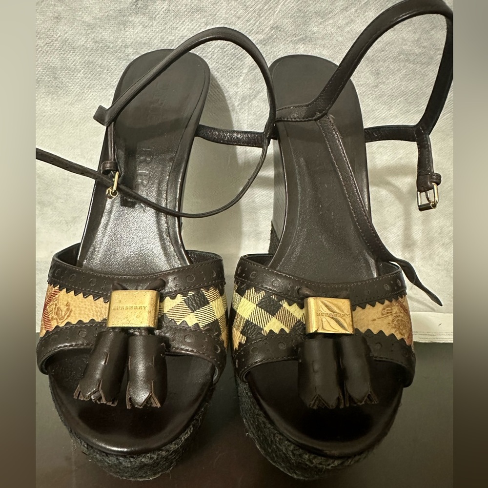 Authentic Burberry Nova Check Tassel Wedges Dark Brown ladies Size 40